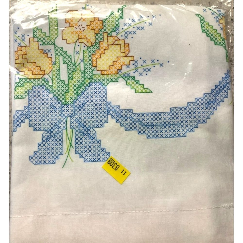 Vtg KIT TULIPS FLOWERS BOWS Cross Stitch Embroidery Needlework 2 PILLOWCASES NEW